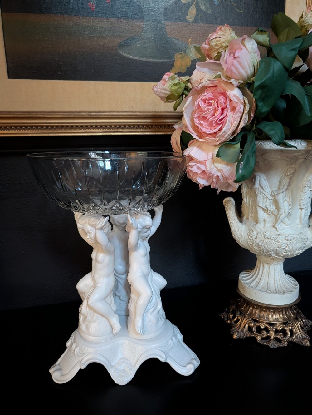 Vintage, 1967, Ivory Ceramic Cherub Plate Support Base Bowl Pedestal Stand, Sign
